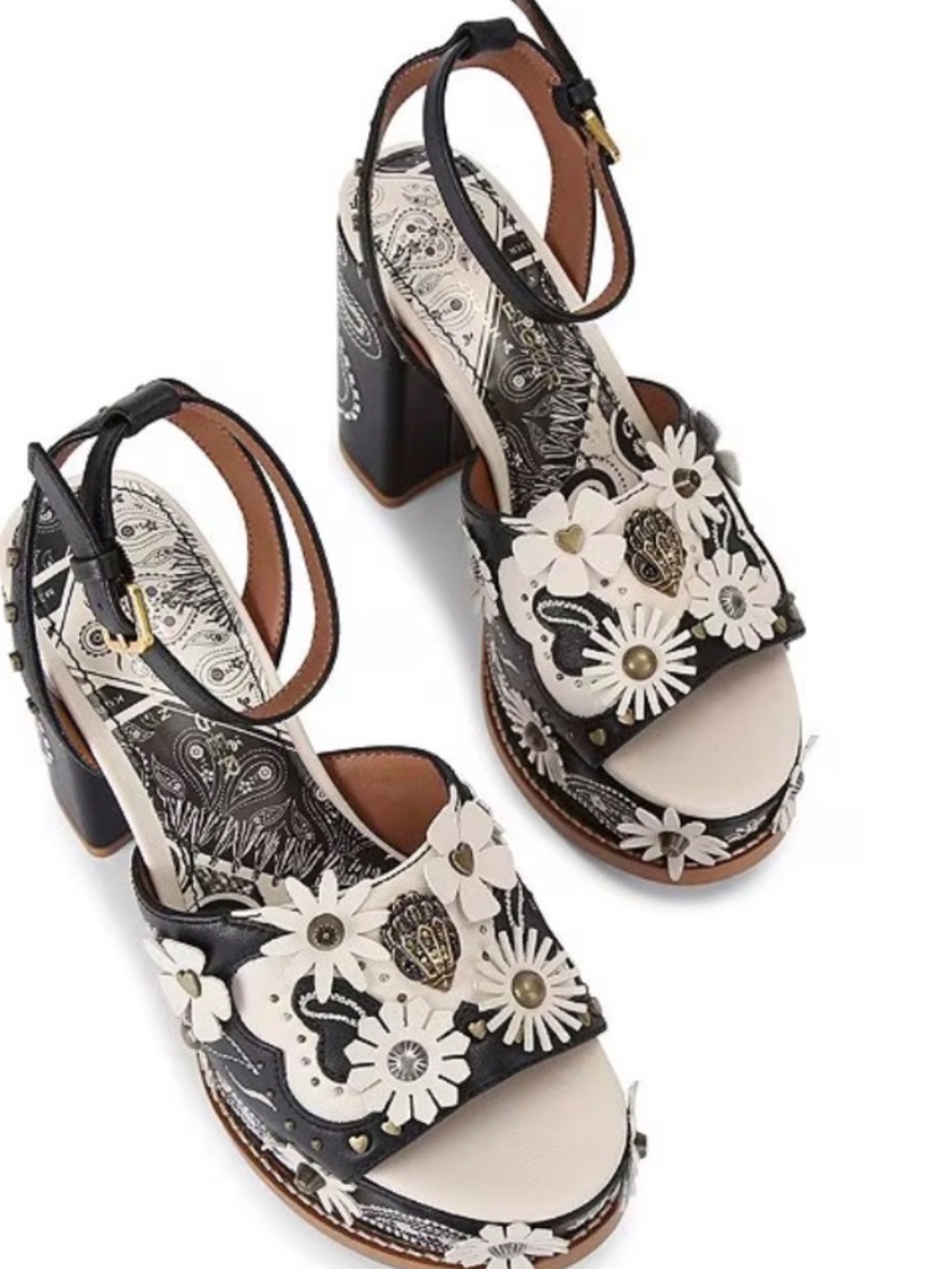 New Kurt Geiger Flower Western Studded Ornament Block Heel Platform Sandals - Picture 2 of 5
